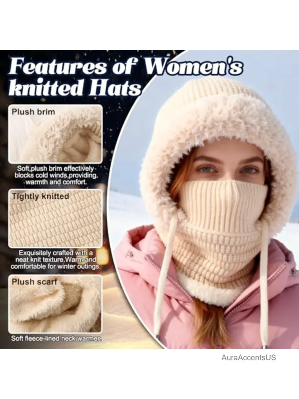 3-in-1 Knit Beanie Hat Balaclava Winter Windproof Fleece Lined Neck Warmer Scarf